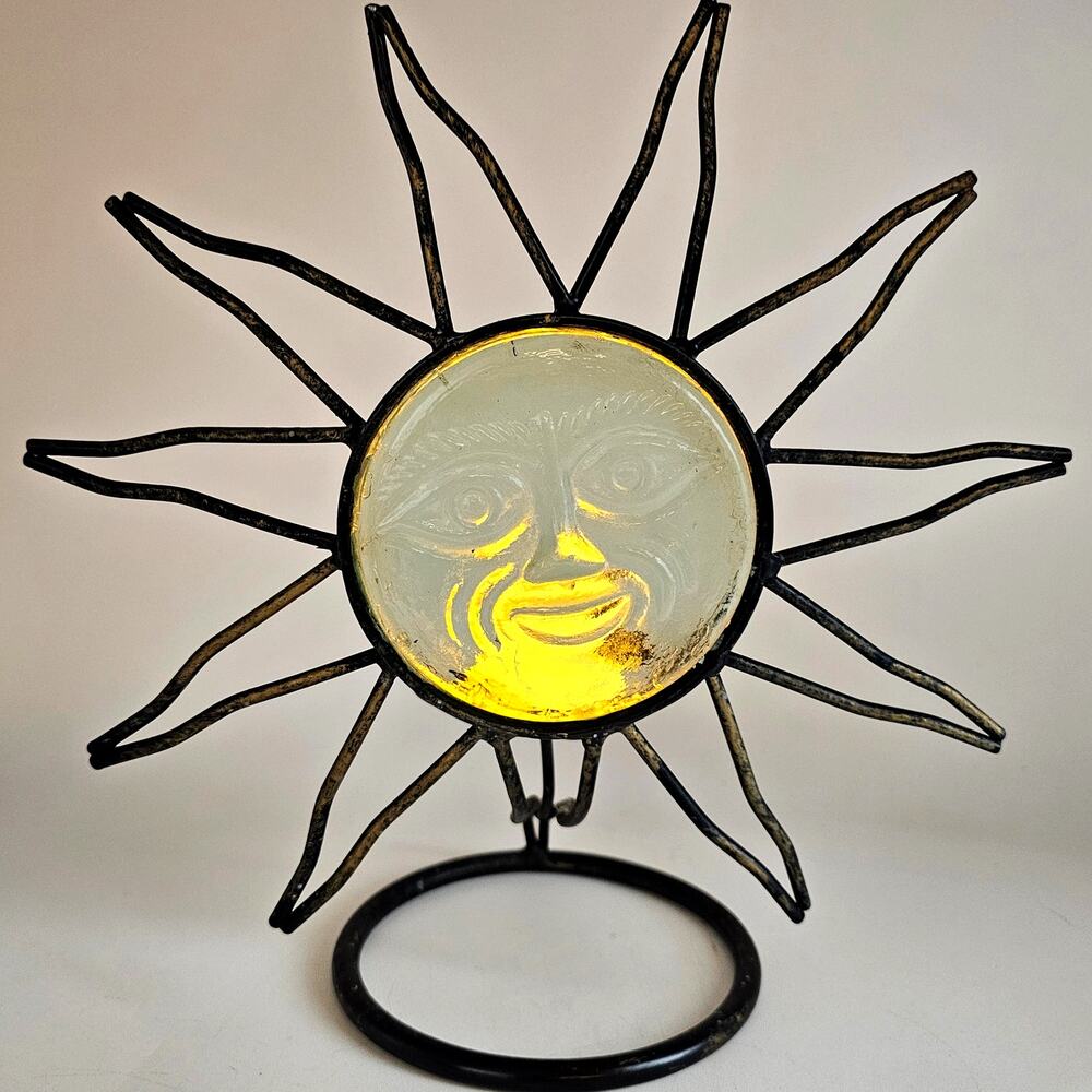 Vintage Celestial Sun Candle Holder Wrought Iron Frame Molded Glass Sun Face
